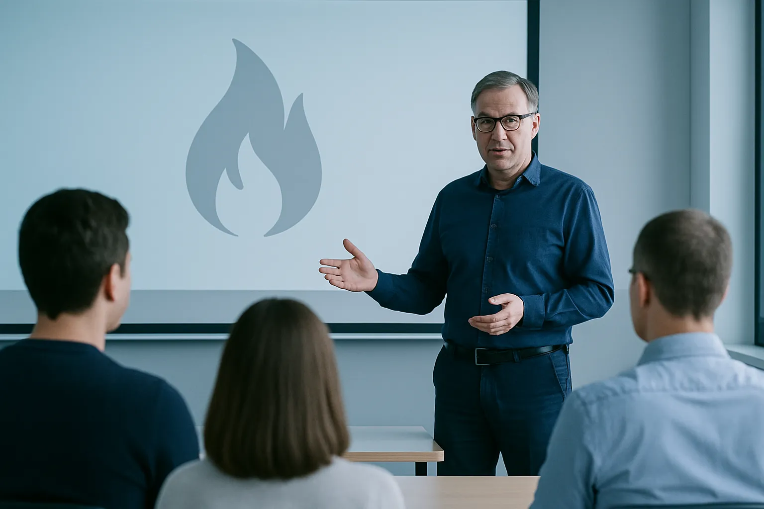 Die Brandschutzhelfer Ausbildung Lehrperson erklärt den Auszubildenden Brandschutzverfahren